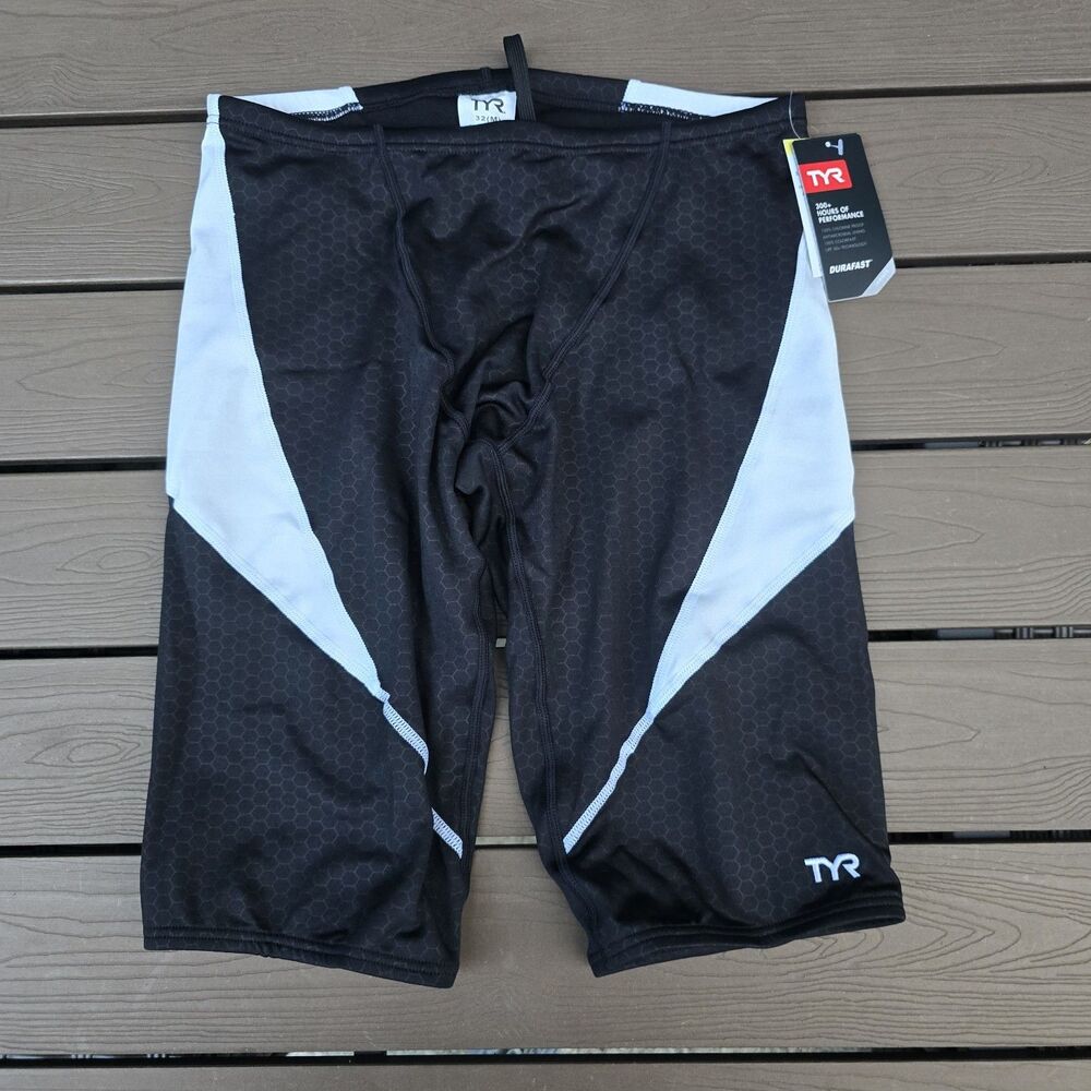 TYR Durafast Elite Men's White/black Hexa Curve Splice Swim Jammer SZ 32 New